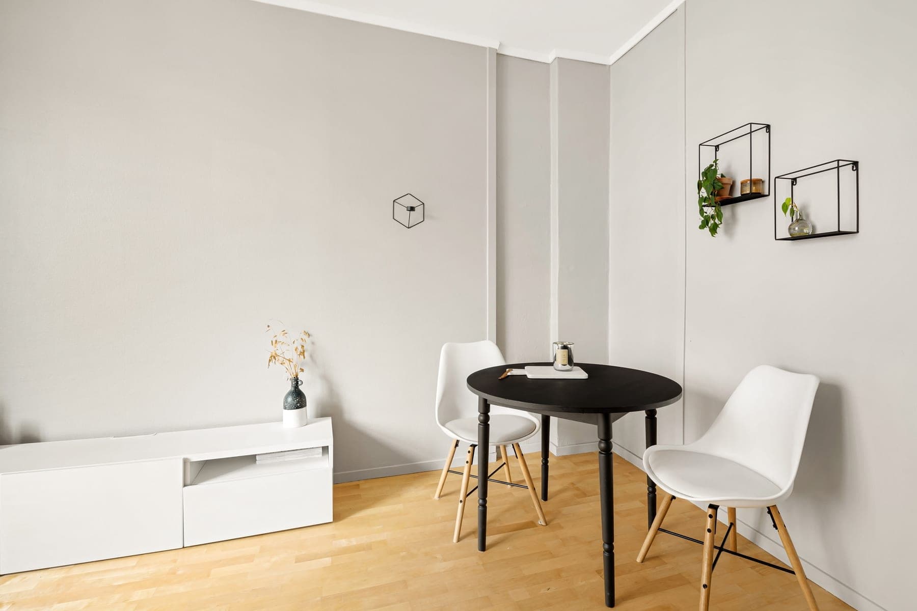 Storage boxes and shelving in a small rented apartment